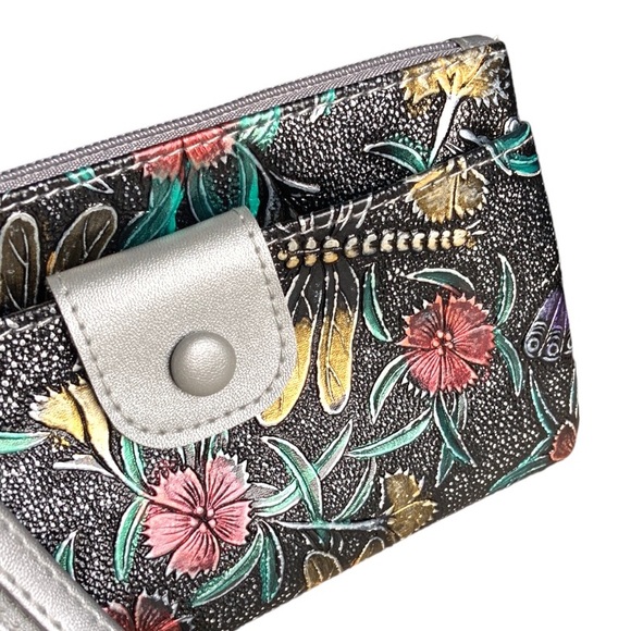 Vintage Style Floral Pattern Faux Leather Wristlet Silver Gray Pink Green New - Picture 5 of 14